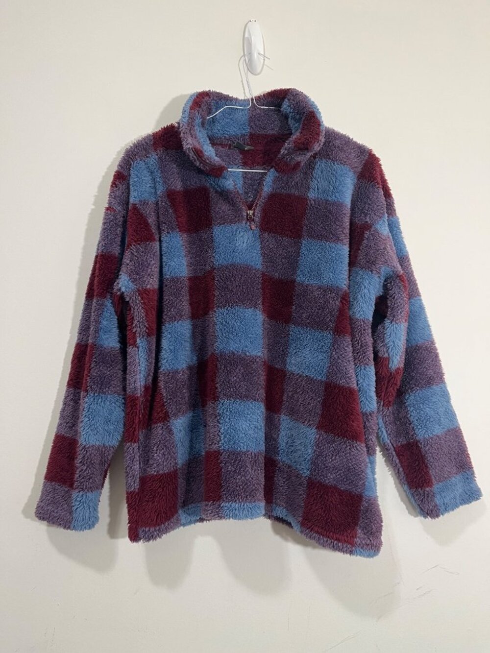 Eddie Bauer Womens XXL Pullover Fleece Sherpa 1/4 Zip Sweater Buffalo Check Soft